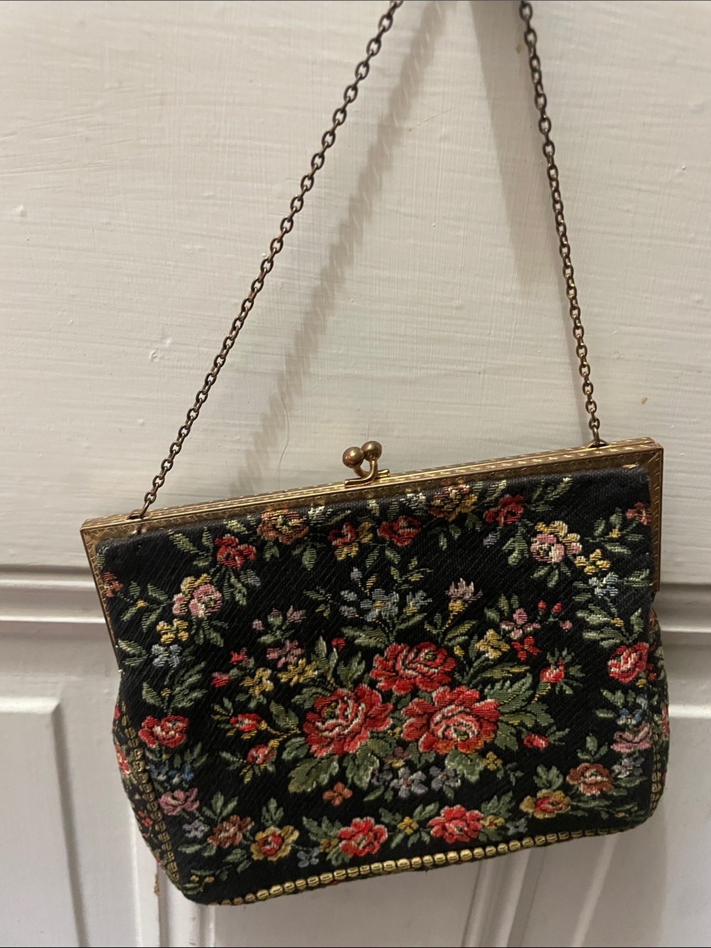 Vintage Black Floral Tapestry Evening Bag with Chain